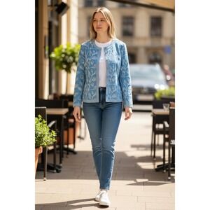 Charter Club Petite Blue White Floral Embroidered Cotton Button Front Jacket P/M